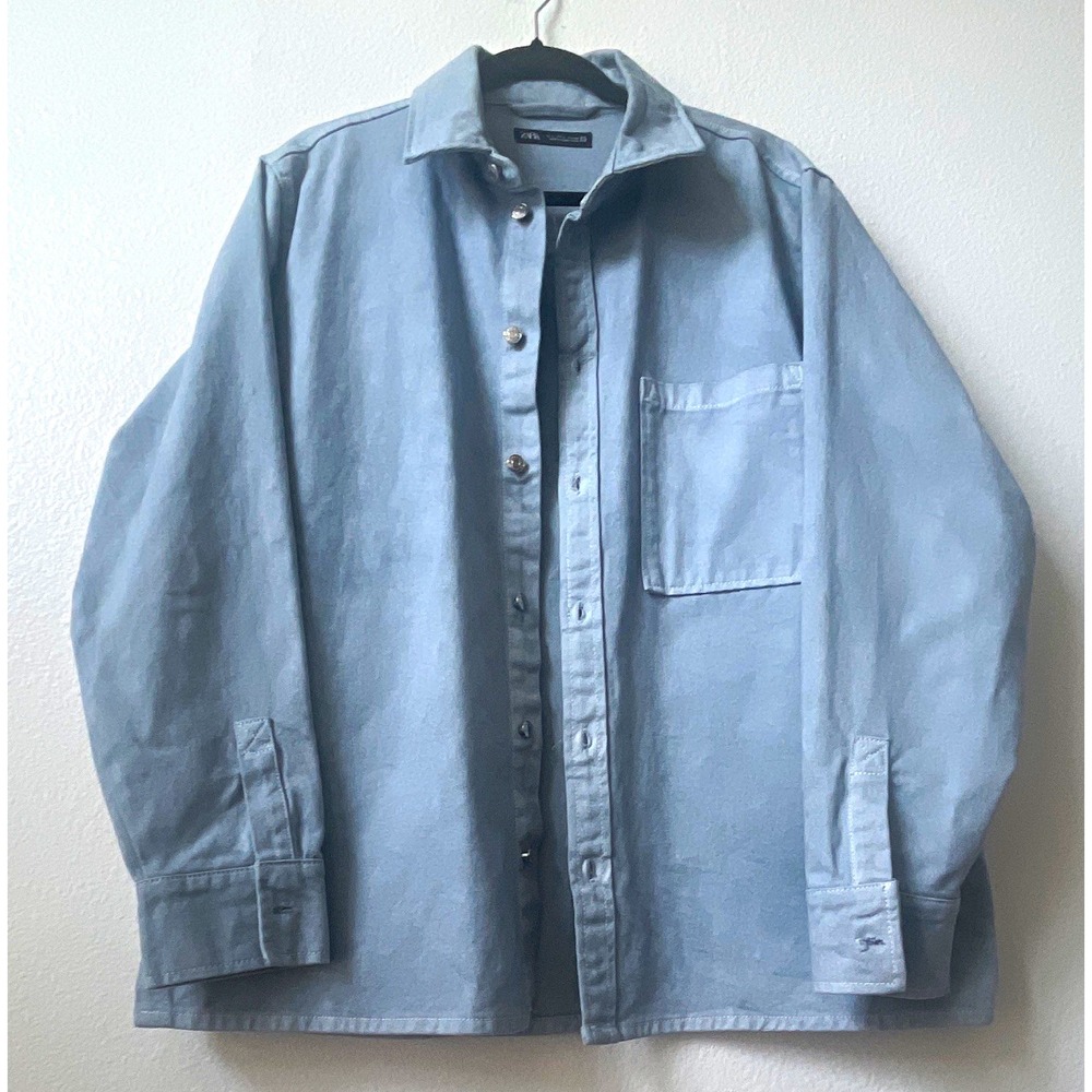 ZARA Woven Blue Solid Regular Fit Long Sleeve Button-Up Shirt Men's L